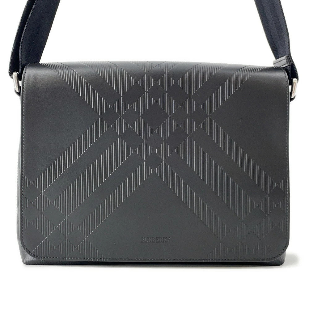 Burberry Shoulder Bag Embossed Check Messenger Calf Leather Black